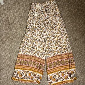 Simplee Boho Floral Wide Leg Pants Small Viscose Tie Waist Culottes